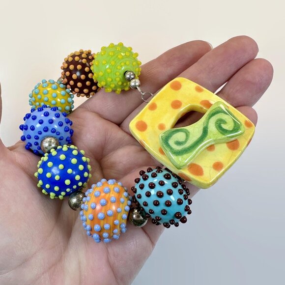 Glass Bead Bracelet, Lamp Work, Dotted, Rainbow, Art Glass, Blue, Orange, Yellow - Picture 1 of 7